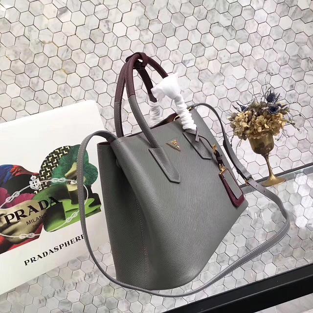 Prada saffiano lux tote original leather bag bn2756 gray&burgundy