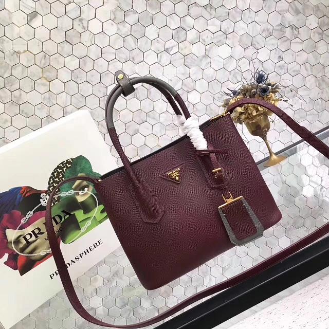 Prada small saffiano lux tote original leather bag bn2754 burgundy&gray