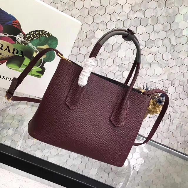 Prada small saffiano lux tote original leather bag bn2754 burgundy&gray