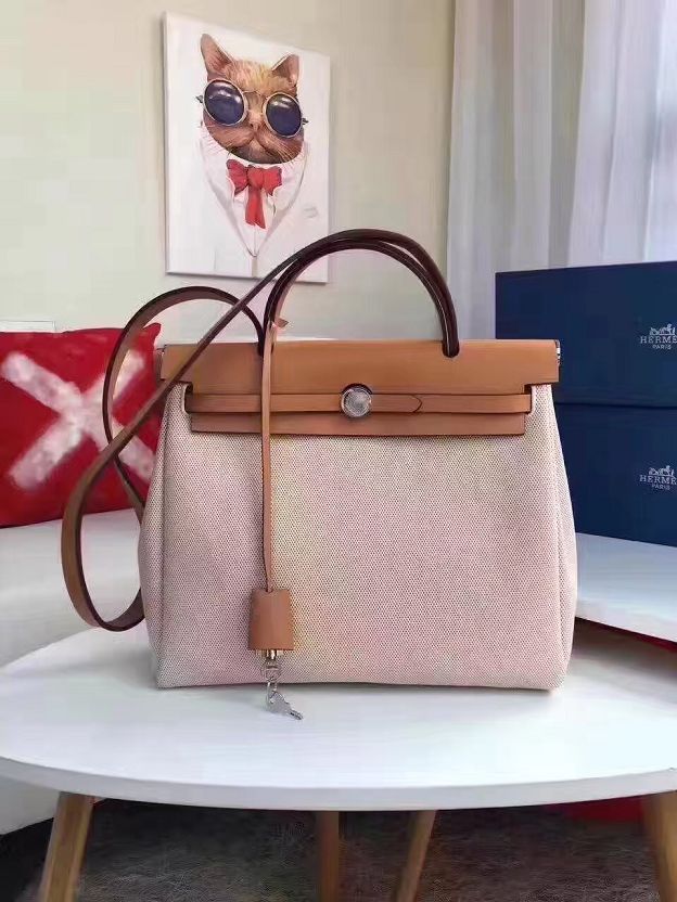 2017 hermes canvas&calfskin leather her bag H31 beige&coffee