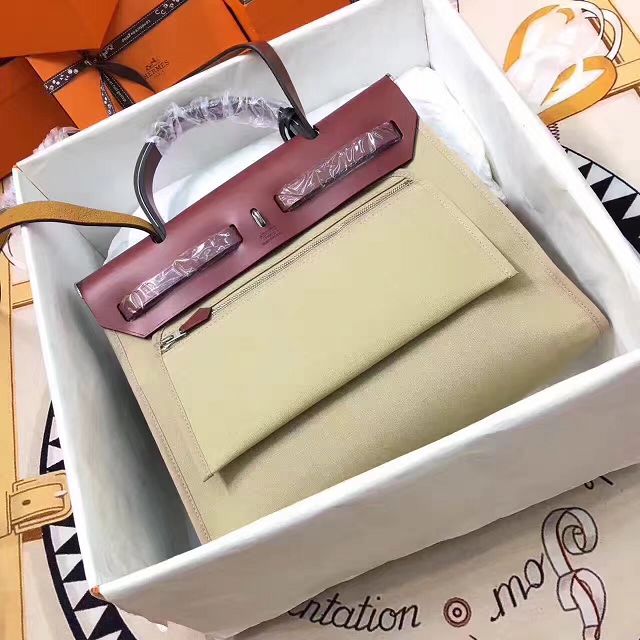 Hermes original canvas&calfskin leather small her bag H031 H31 beige&wine