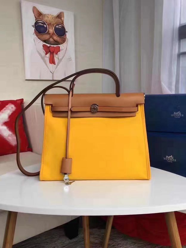 2017 hermes calfskin leather&canvas her bag H31 coffee&yellow