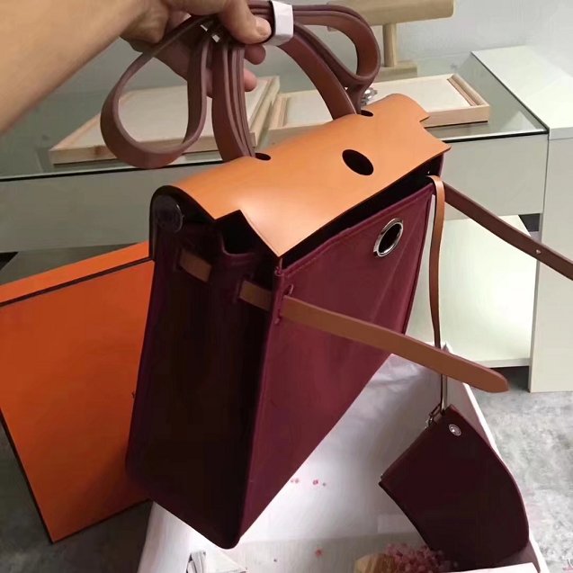 Hermes original canvas&calfskin leather large her bag H039 coffee&bordeaux