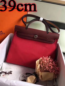 Hermes original canvas&calfskin leather large her bag H039 bordeaux&rose red