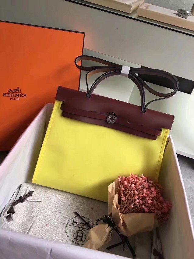 Hermes original canvas&calfskin leather large her bag H039 bordeaux&yellow