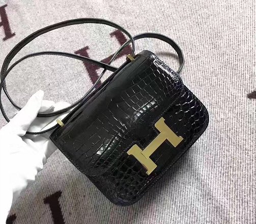 Top hermes 100% genuine crocodile leather constance bag C0023 black