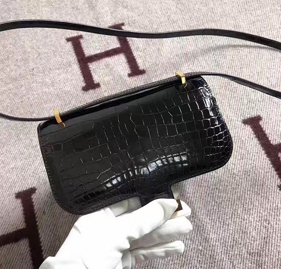 Top hermes 100% genuine crocodile leather constance bag C0023 black