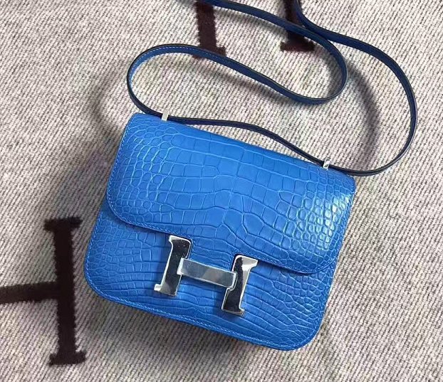 Top hermes 100% genuine crocodile leather constance bag C0023 blue