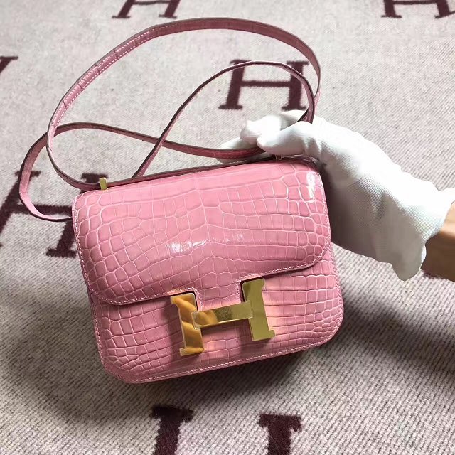 Top hermes 100% genuine crocodile leather constance bag C0023 pink