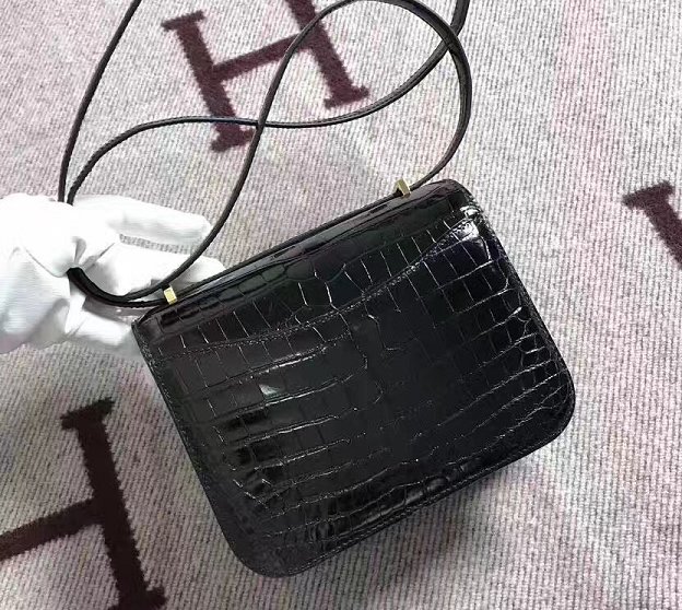 Top hermes 100% genuine crocodile leather small constance bag C0019 black