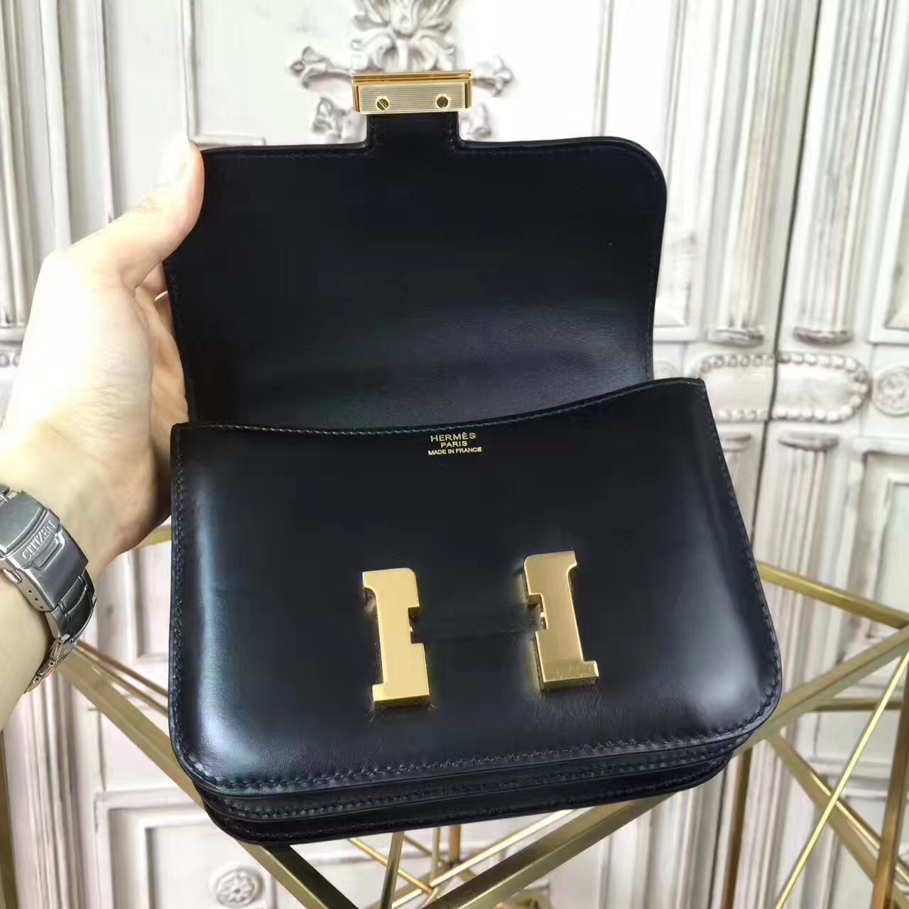 Hermes original box leather small constance bag C019 black