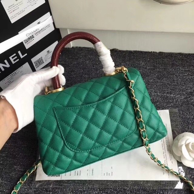 2017 CC original grained leather flap bag with top handle medium A92990 green