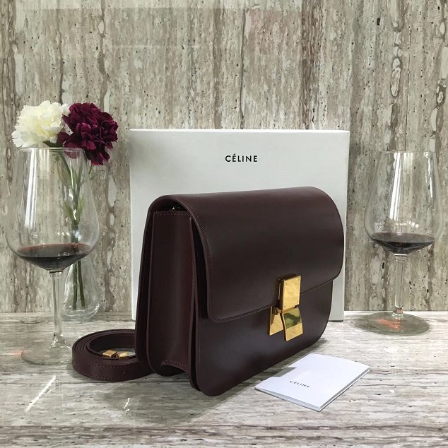 Celine original liege calfskin large classic box bag 11045-1 bordeaux