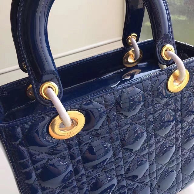 Dior original patent calfskin lady dior bag 44551 navy blue