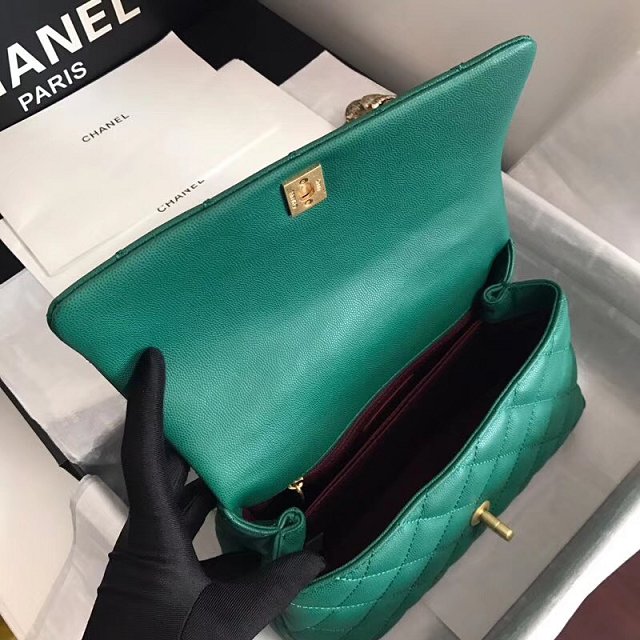 2018 CC original grained calfskin small flap bag with top handle A92990 green