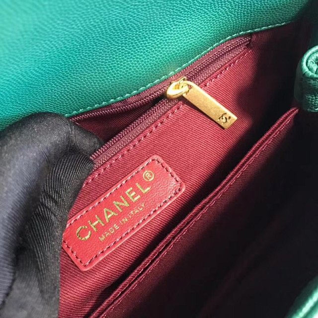 2018 CC original grained calfskin small flap bag with top handle A92990 green