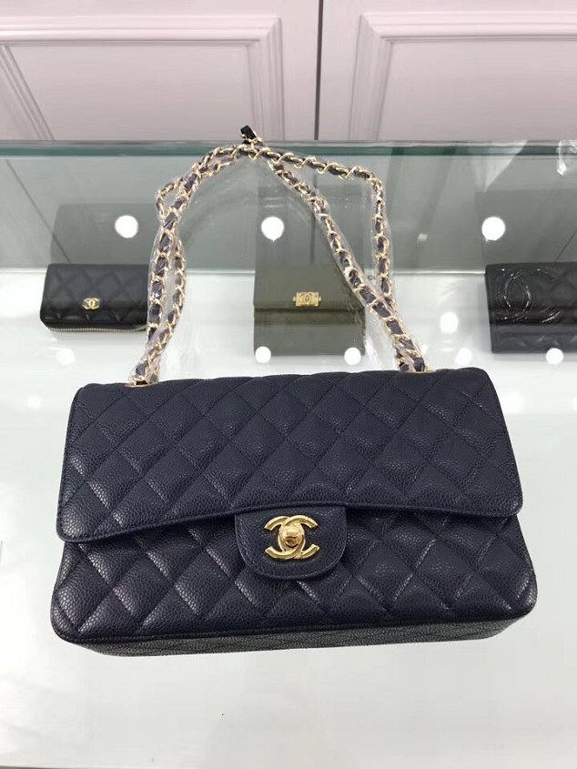 CC original grained calfskin double flap bag A01112 navy blue