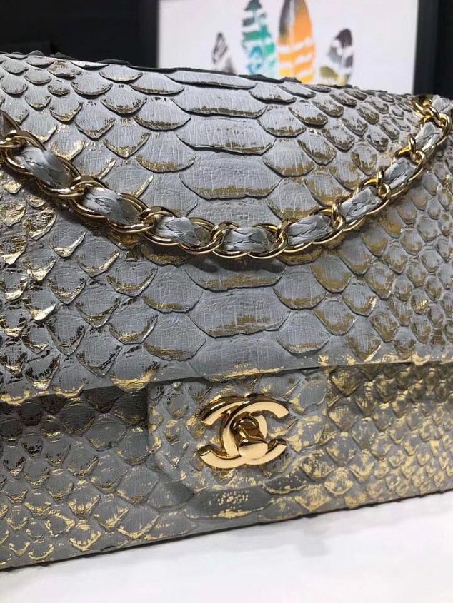 CC original python leather flap bag A01112 light grey&gold