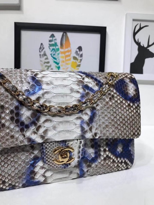 CC original python leather flap bag A01112 blue&white