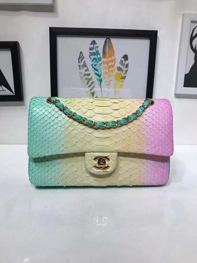 CC original python leather flap bag A01112 green&yellow