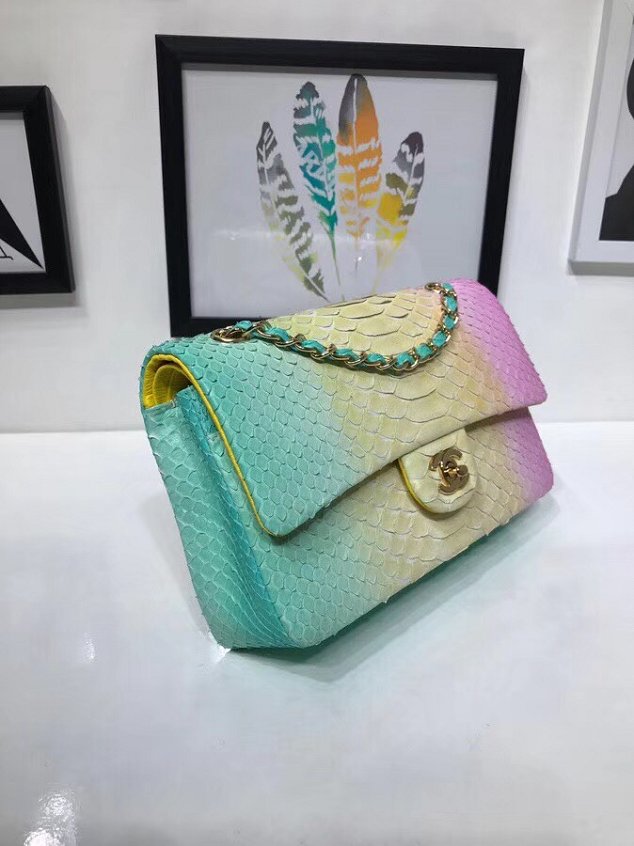 CC original python leather flap bag A01112 green&yellow