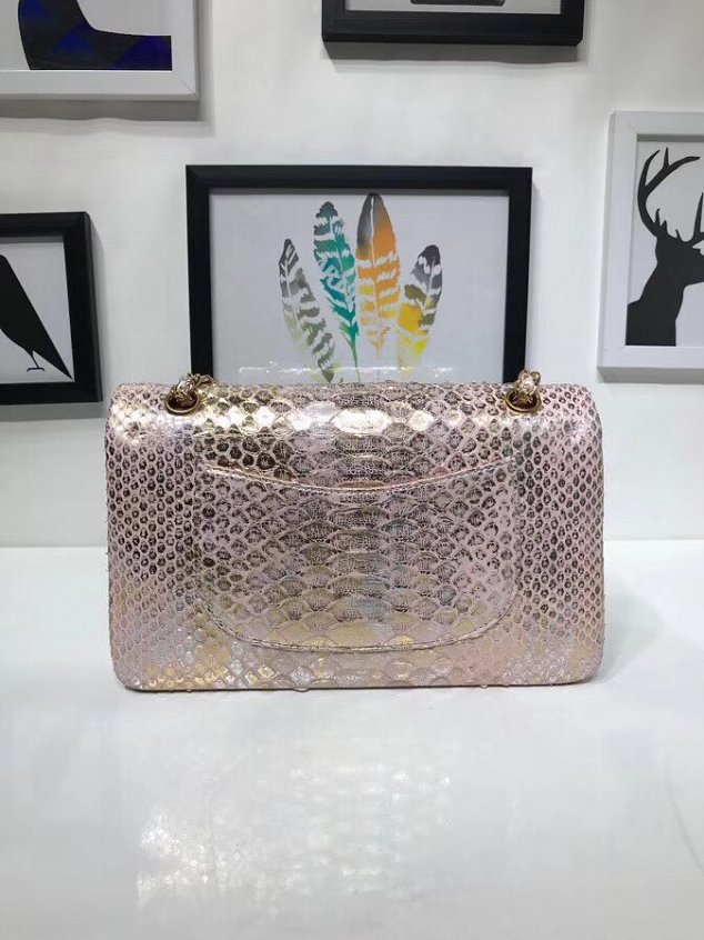 CC original python leather flap bag A01112 light gold