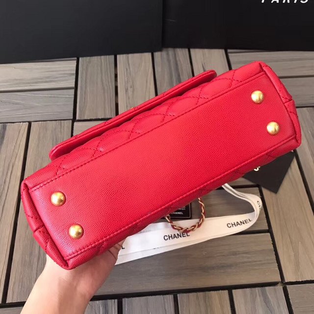 2018 CC original grained calfskin small flap bag with top handle A92990 red