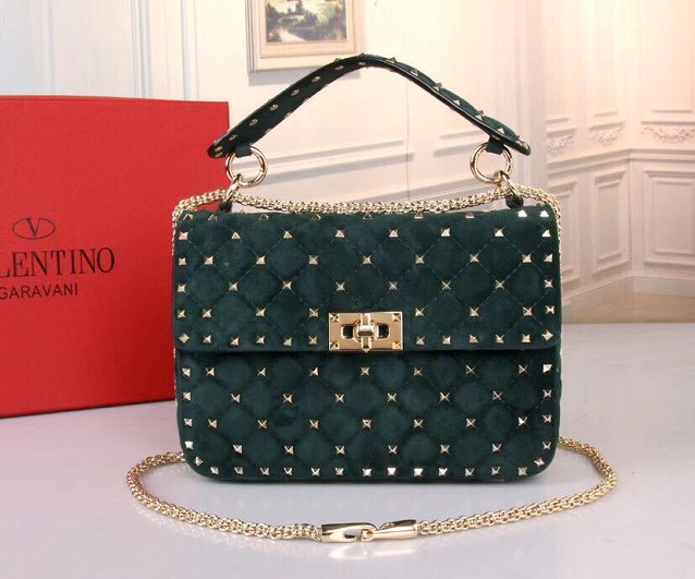 Valentino original suede rockstud large chain bag 0121 blackish green