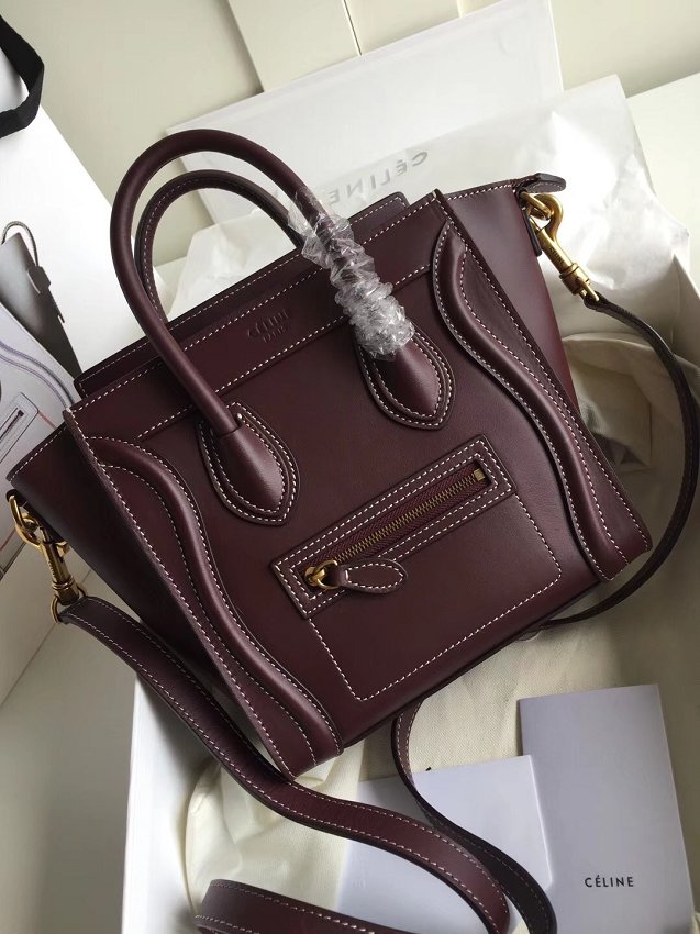 Celine original smooth calfskin nano luggage bag 189243 burgundy