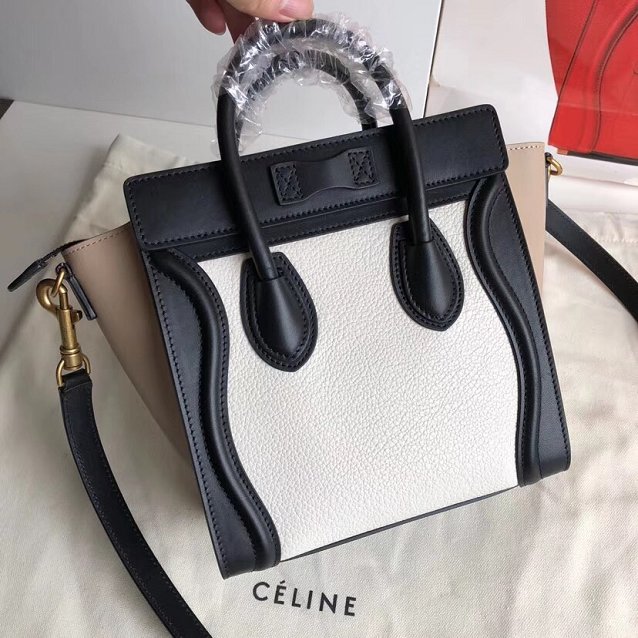 Celine original calfskin nano luggage bag 189243 white&black&apricot