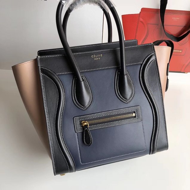 Celine original calfskin micro luggage handbag 189793 navy blue&black&apricot