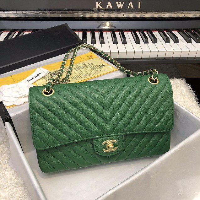 CC original grained calfskin medium double flap bag A01112-2 green