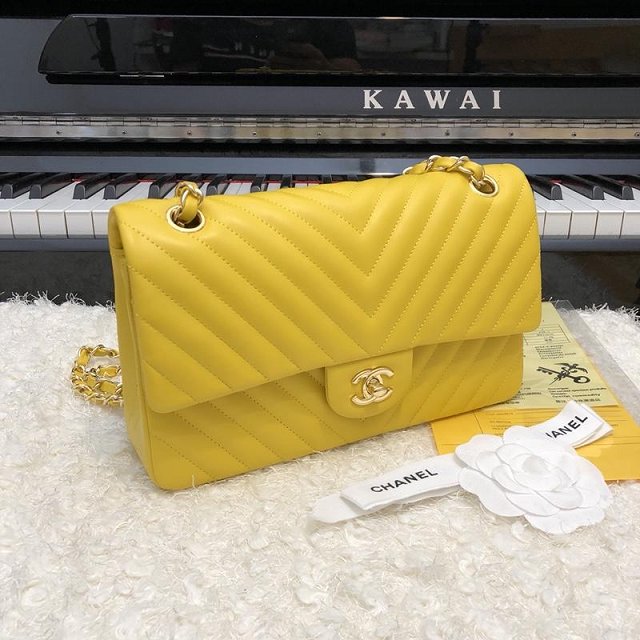 CC original lambskin medium double flap bag A01112-2 yellow