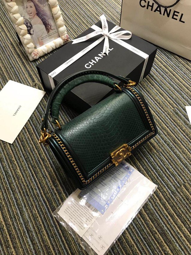 CC original python leather medium boy handbag A94804 blackish green