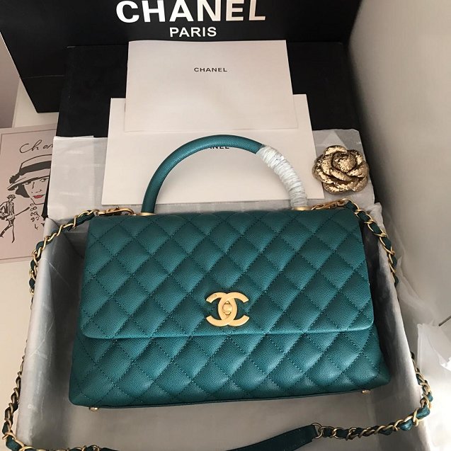 2019 CC original grained calfskin large coco handle bag A92991 turquoise