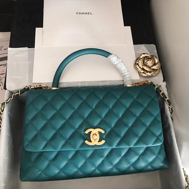 2019 CC original grained calfskin large coco handle bag A92991 turquoise