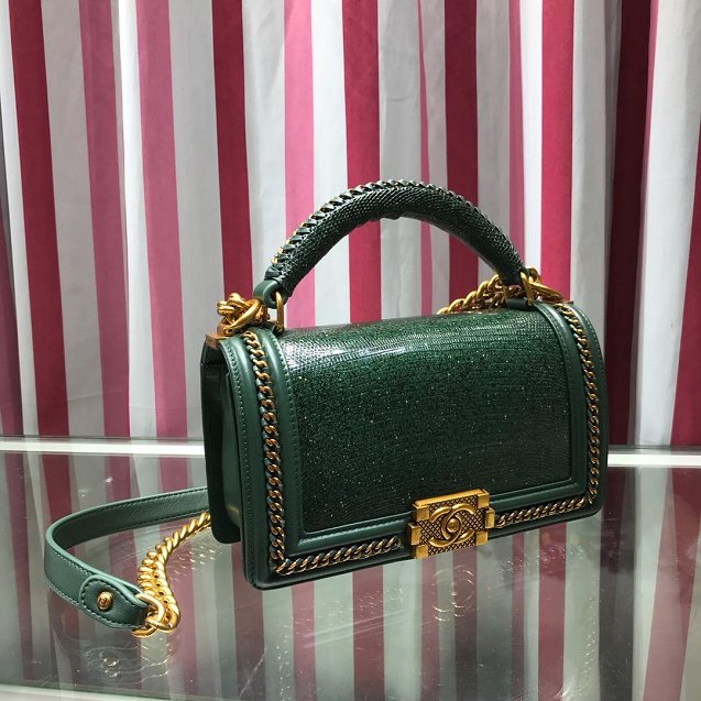 CC original lizard leather boy handbag A94804 blackish green 