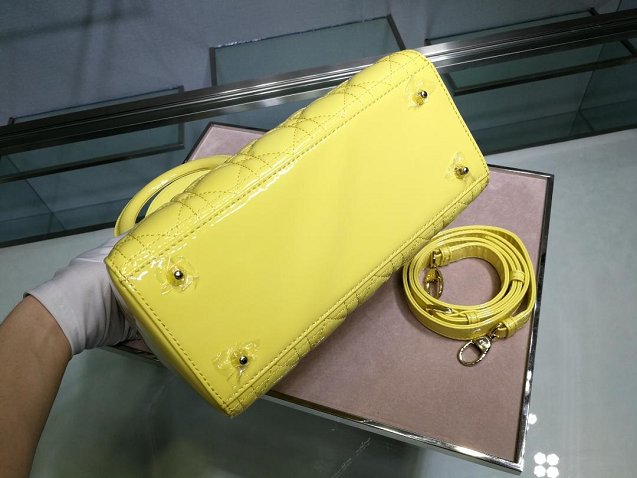 Dior original patent calfskin lady dior bag 44551 lemon yellow