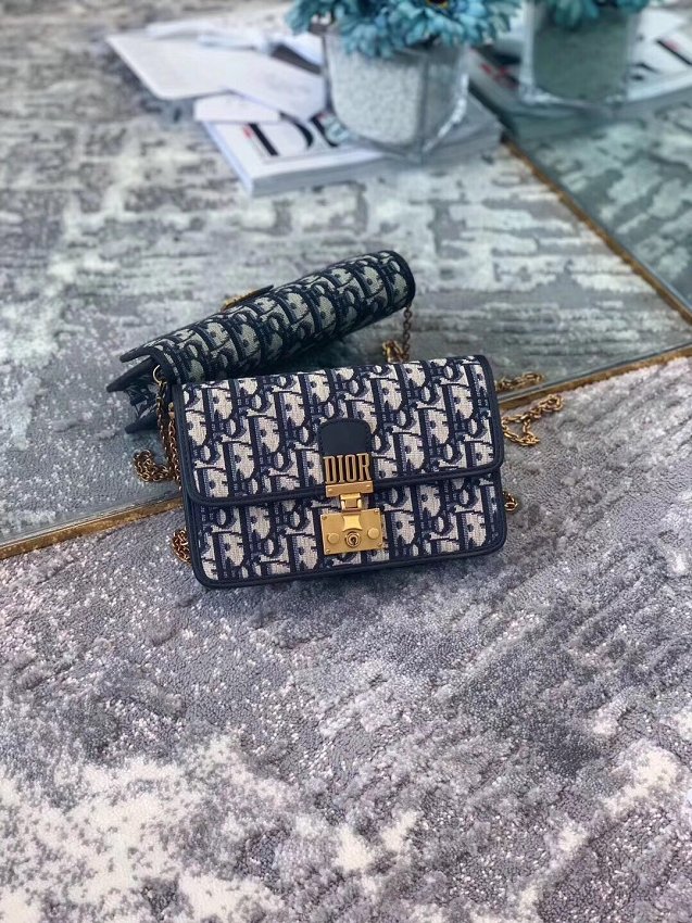 2019 Dior original canvas dioraddict wallet on chain M58108 navy blue