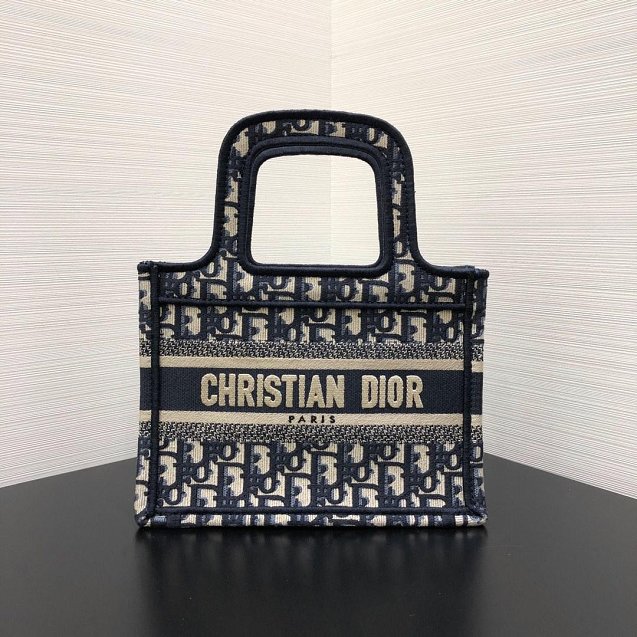 Dior original canvas book mini tote oblique bag S5475 dark blue