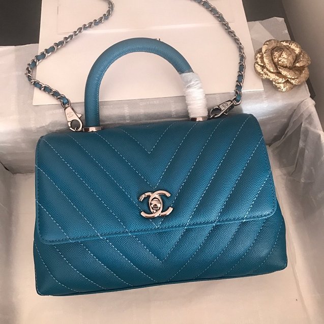 CC original grained calfskin small coco handle bag A92990 turquoise	