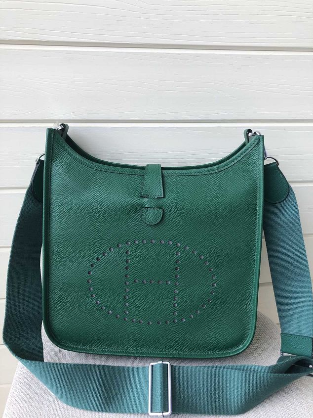 Hermes original epsom leather evelyne pm shoulder bag E28 dark green