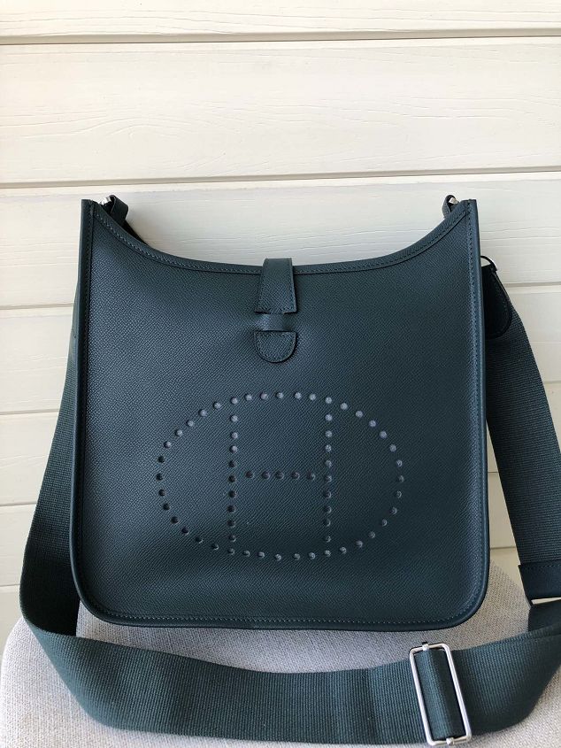 Hermes original epsom leather evelyne pm shoulder bag E28-2 blackish green