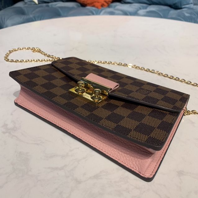 Louis vuitton original damier ebene croisette chain wallet N60287 pink