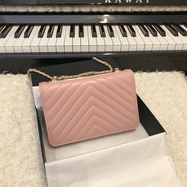 CC original lambskin wallet on chain 80982 light pink