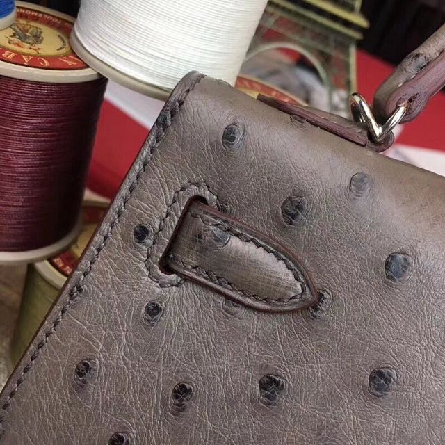 Hermes handmade genuine 100% ostrich leather kelly 19 bag K019 dark grey