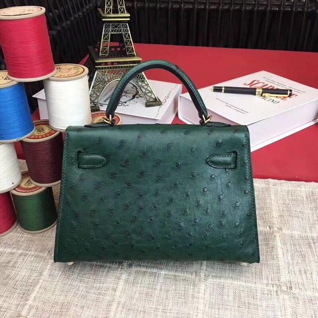 Hermes handmade genuine 100% ostrich leather kelly 19 bag K019 green