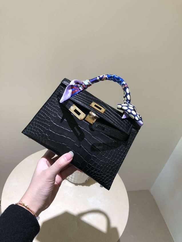 Top hermes 100% genuine crocodile leather mini kelly bag K0019 black