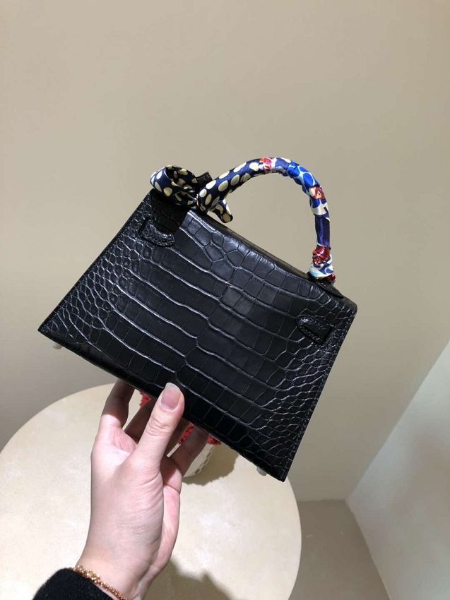 Top hermes 100% genuine crocodile leather mini kelly bag K0019 black