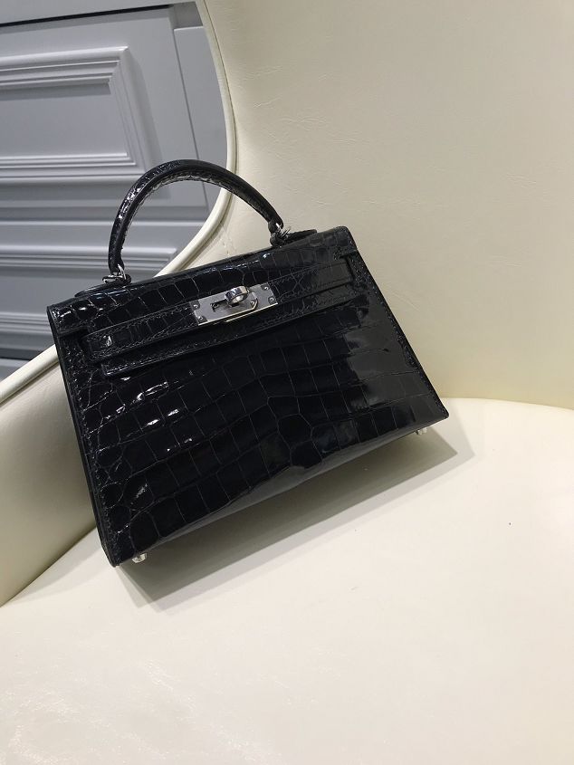 Top hermes 100% genuine crocodile leather mini kelly bag K0019 black